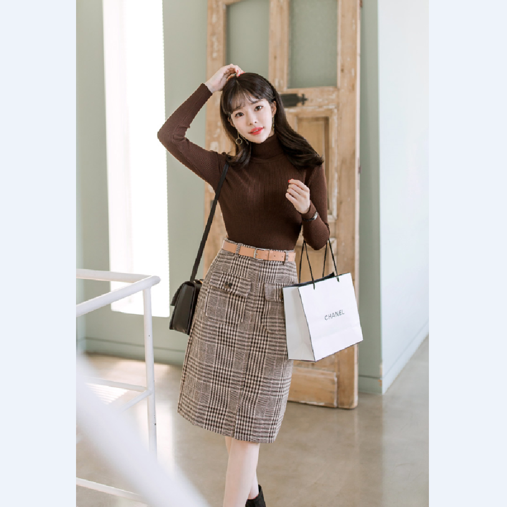 op4006 Belt construction Polar neck knit and check pattern skirt set two piece set